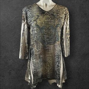 Jess & Jane Top Small Burnout USA Embellished Cotton Animal Print Boho Tunic 194